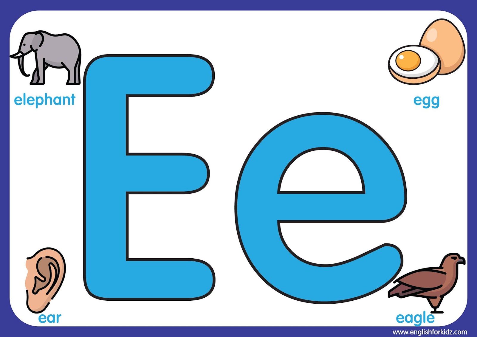 English for Kids Step by Step: Letter E Worksheets, Flash Cards